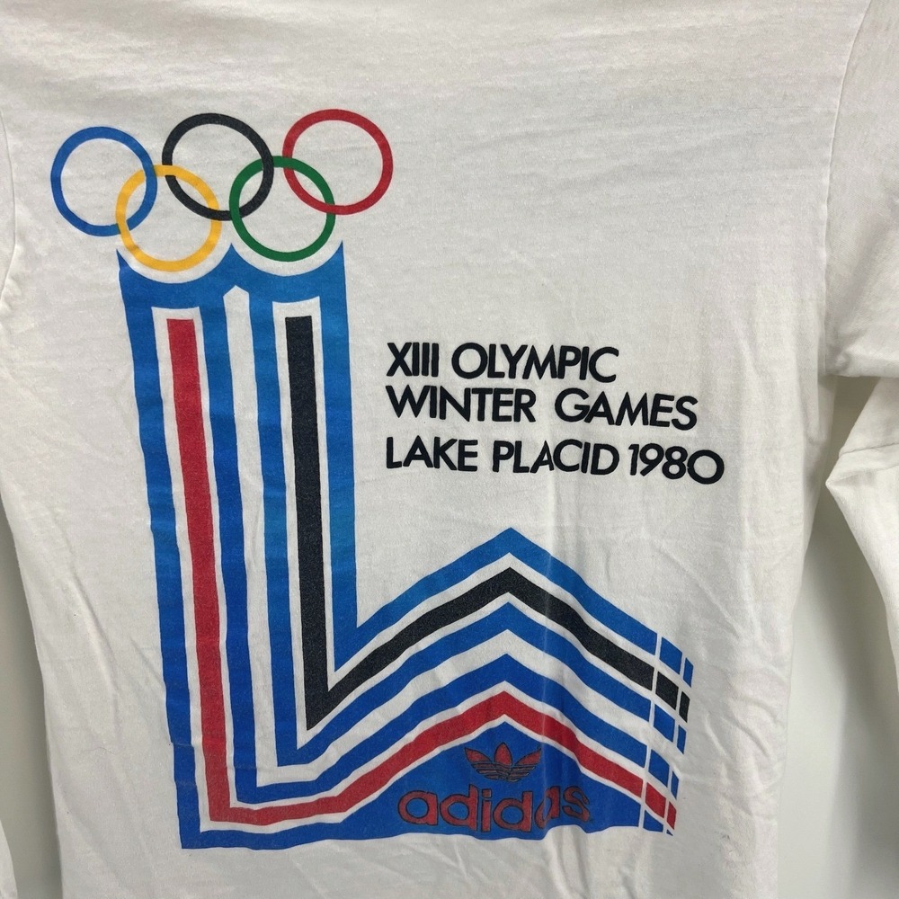 Adidas Olympic Winter Games 1980 Mens M White Vintage Long Sleeve Graphic Tee - Picture 2 of 9